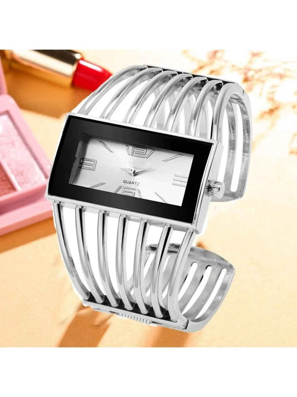 Women's Silver White Luxury Rectangular Case Analog Quartz Fashion Wrist Watch